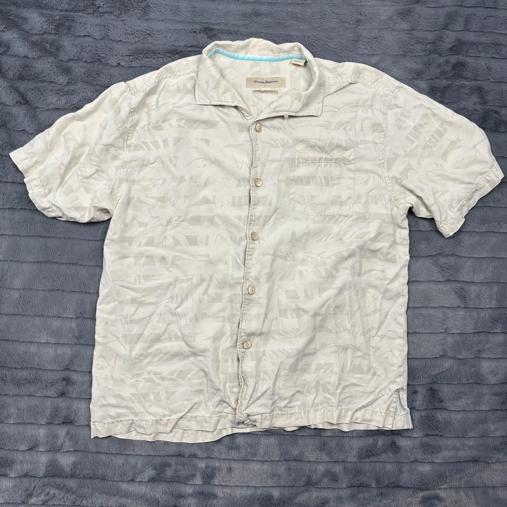 Tommy Bahama Mens Large 100% Silk Cream Tropical Jacquard Camp Shirt Original